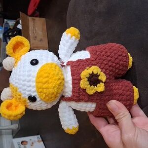 Cute Plush Cow Toy with Overalls